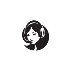 Black Vector Illustration of Woman Wearing Headphone in Clean Minimal Style on White Background
