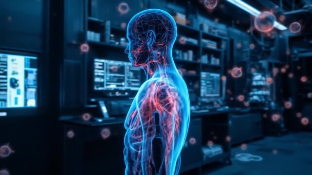 A high-tech laboratory with a holographic human body and molecular structures representing precise and targeted modern therapies for disease. 4k video