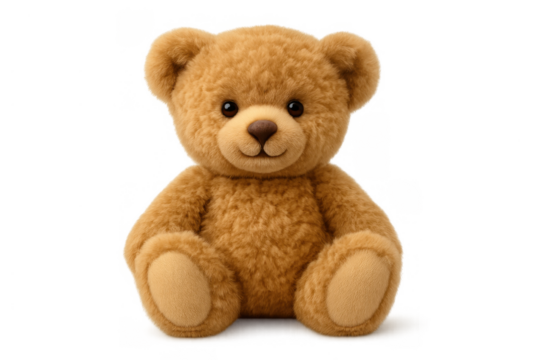 Little brown teddy bear toy sitting, cute stuffed animal for childhood, warmth, comfort, and innocence feeling