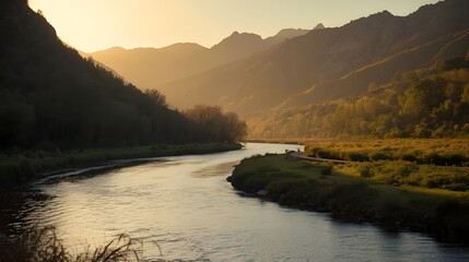 A smooth river reflecting warm golden tones as it curves through a dense green valley
