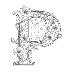 Floral letter P coloring page. Elegant whimsical alphabet illustration. Beautiful flowers, moon, stars, and vines decorate a mystical night-themed initial P. Coloring book for adults