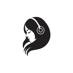 Black Vector Illustration of Woman Wearing Headphone in Clean Minimal Style on White Background