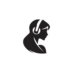 Black Vector Illustration of Woman Wearing Headphone in Clean Minimal Style on White Background