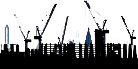 City skyline with cranes and buildings isolated on a transparent background construction