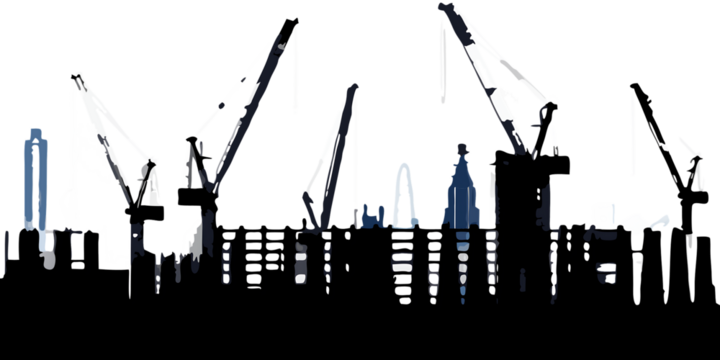 City skyline with cranes and buildings isolated on a transparent background construction