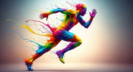 Dynamic Running Man figure composed of Colorful Rainbow Paint Splashes and Motion isolated on Transparent Background