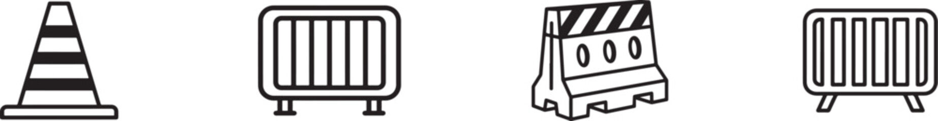 Collection of traffic cone and barrier icons isolated on