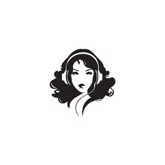 Black Vector Illustration of Woman Wearing Headphone in Clean Minimal Style on White Background