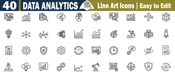 Essential Data Analytics Vector Icons. Collection Set of Modern Line Art Illustrations for Business Information, Technology, Science, Marketing, Reports, Statistics, and more vector illustration. 