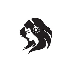 Black Vector Illustration of Woman Wearing Headphone in Clean Minimal Style on White Background