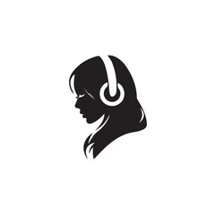 Black Vector Illustration of Woman Wearing Headphone in Clean Minimal Style on White Background