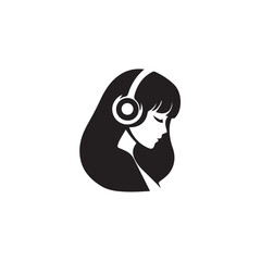 Black Vector Illustration of Woman Wearing Headphone in Clean Minimal Style on White Background
