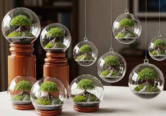 Miniature bonsai trees in glass terrariums, some hanging, some on wooden stands, creating a serene indoor display.