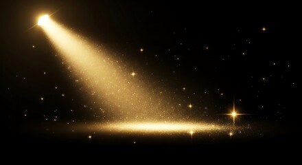 A golden spotlight shines down on a dark surface with twinkling stars scattered in the background scene