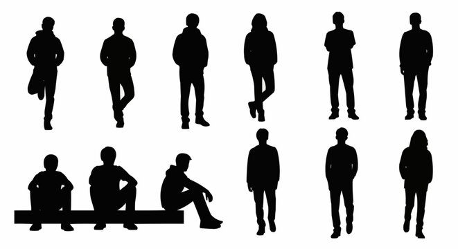 Collection of Diverse Human Silhouettes Standing and Sitting Poses.