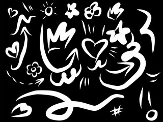 Bright white doodle elements on a black background, featuring hearts, arrows, flowers, stars, and playful abstract shapes for creative designs and decorations.

