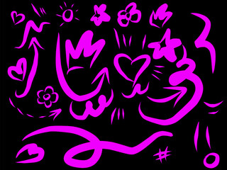 Bright purple doodle elements on a black background, featuring hearts, arrows, flowers, stars, and playful abstract shapes for creative designs and decorations.
