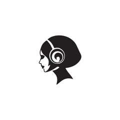 Black Vector Illustration of Woman Wearing Headphone in Clean Minimal Style on White Background