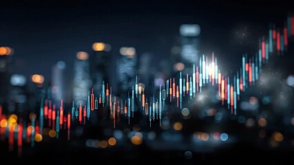 AI generated financial market data with city skyline background, representing business growth and global economy analysis video footage. - Powered by Adobe