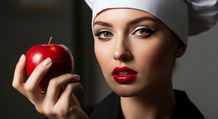 Woman in chef hat holding a red apple with bright red lipstick and dramatic eyeliner makeup look close up