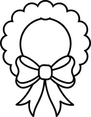 Black line art wreath with bow on background ribbon