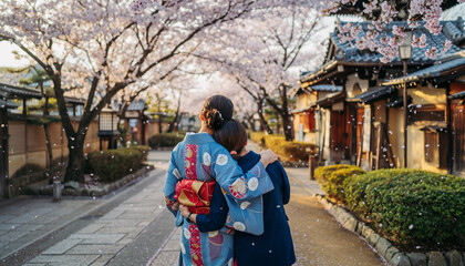 Obraz premium A woman in traditional kimonos and mother walk hand-in-hand down a charming street adorned with delicate cherry blossoms, evoking the timeless beauty of Japanese spring and cultural heritage