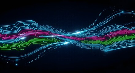 Abstract digital data stream flowing with glowing lines against dark backdrop