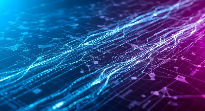 Abstract digital data stream lines flow in neon blue and purple colors - Powered by Adobe