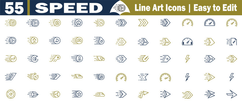 Speed Icons Vector Set. Collection Simple Line Art Pictogram, Movement, Velocity, Acceleration, Fast Performance, Swift, Rapid Progress, Express, Tempo, Dynamism, Expeditious illustration. 