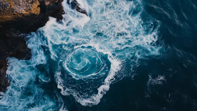 Aerial view of ocean waves crashing on rocky coastline