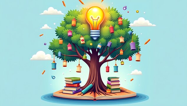 A vibrant, stylized &ldquo;knowledge tree&rdquo; illustration with colorful books hanging like ornaments, glowing lightbulb topper, paper scrolls wrapped around branches, pencils and rulers forming roots, and a b