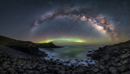 Celestial canopy basalt shore auroras glow