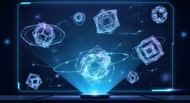 Abstract digital display featuring geometric shapes and light effects - Powered by Adobe