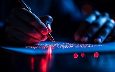 Close-up of a hand writing with a pen on paper under dramatic blue and red lighting, highlighting the texture and reflective surface.