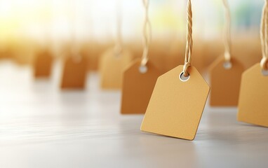 Blank brown paper tags hanging by strings on a white surface with soft sunlight in the background.