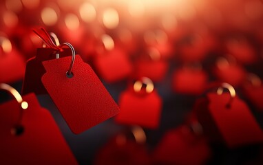 A close-up view of a group of red price tags, with one prominent tag in sharp focus against a blurred background of similar tags.