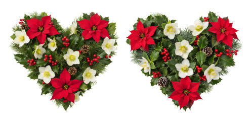 Christmas Heart Wreath with Poinsettia, Hellebore, Holly and Pine, Isolated on Transparent Background