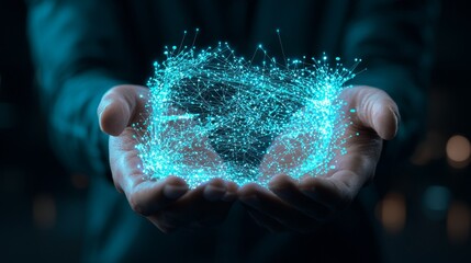 A person holds a glowing, interconnected digital network hologram representing data, technology, and futuristic innovation in their cupped hands.