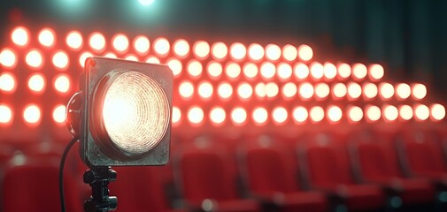 A bright spotlight illuminates the stage area with rows of red theater seats blurred in the background, creating a dramatic ambiance.
