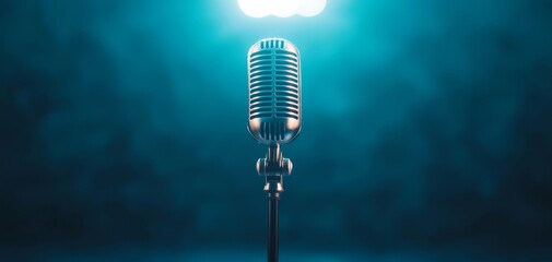 Vintage microphone on a stand illuminated by blue stage lights, set against a blurred smoky background.