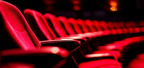 Red theater seats arranged in rows, illuminated by warm lighting, creating an inviting atmosphere for an audience.