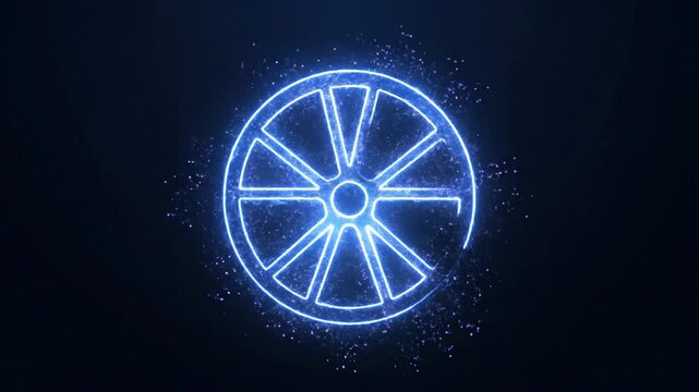 Abstract futuristic glowing blue circular logo with eight spokes, shimmering with light particles on a black background