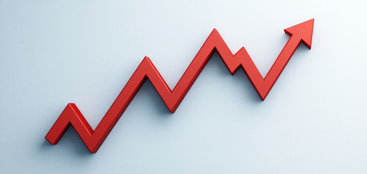 A red zigzag arrow graph symbolizing growth or upward trend on a light background.