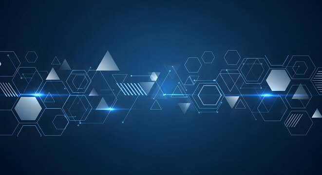 Abstract digital network background with geometric shapes and blue gradient - Powered by Adobe