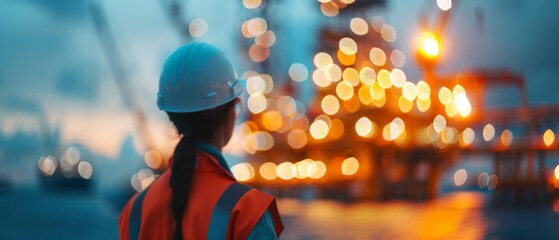A construction worker in a helmet and safety vest observes a brightly lit industrial site at dusk.