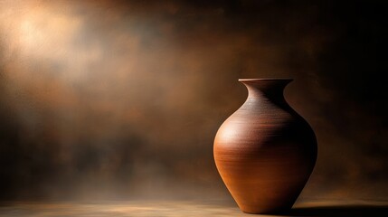 A rustic clay pot sits on a wooden surface against a textured, warm-toned background, highlighting its natural craftsmanship and earthy aesthetic.