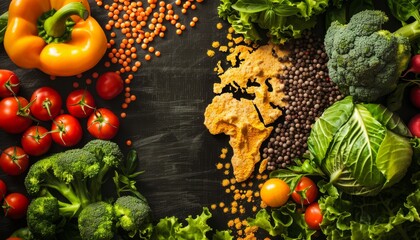 A creative map of Africa made with spices and surrounded by fresh vegetables on a dark wooden surface.