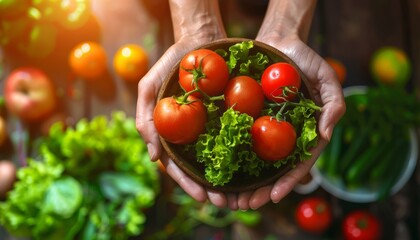 Hands holding a wooden bowl filled with fresh tomatoes and green lettuce, showcasing vibrant, healthy vegetables in natural light.
