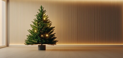 Minimalist Christmas tree decorated with subtle lights, standing in a modern room with wooden floor and textured wall background.