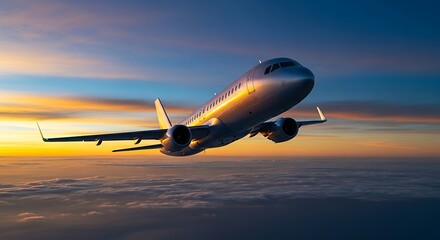 Silhouette of a Large Aircraft Flying with Brilliant Golden Background